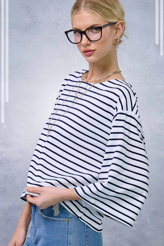 HDT7723-Striped Semi Crop Top women’s shirt with 3/4 Bell Sleeves