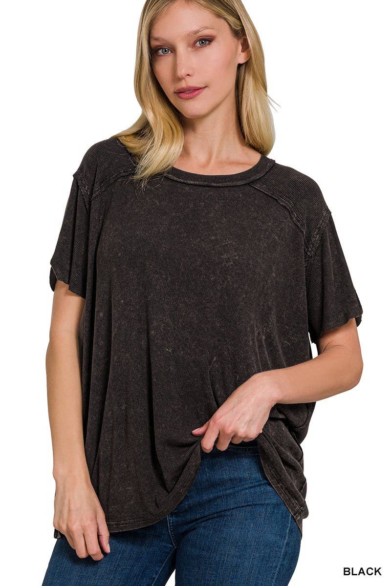 Washed Ribbed Short Sleeve Boat-neck Top 8393a