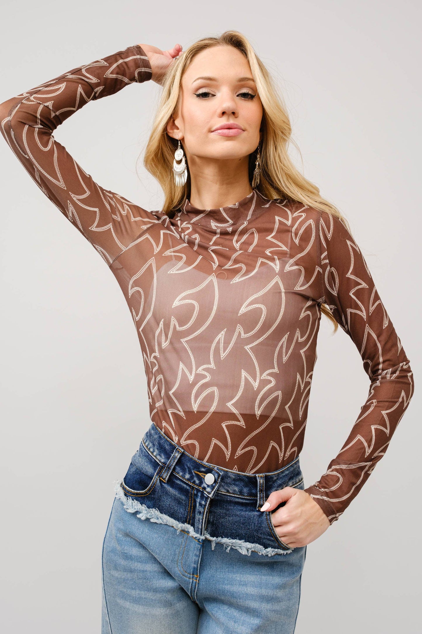 Shirts Women’s  Boots Stitch Throughout Mesh Mock Neck Fitted Top 36349T