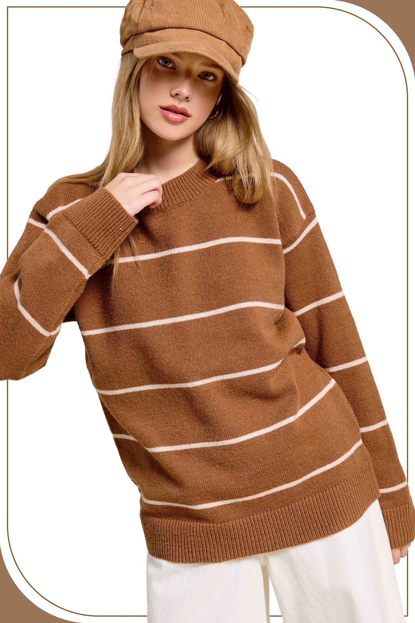 Outerwear Loose Fit Stripe Long Sleeve Crewneck Sweater HCS3553