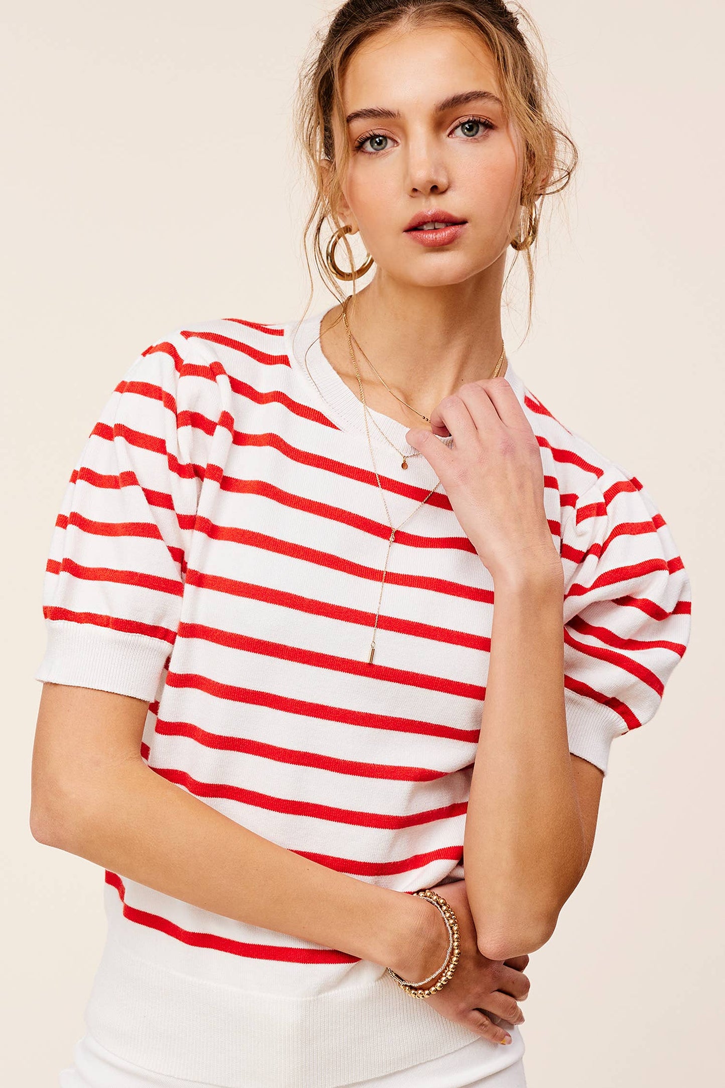Shirts Women’s Lightweight Puff Short Sleeve Stripe Knit Top JCS3562