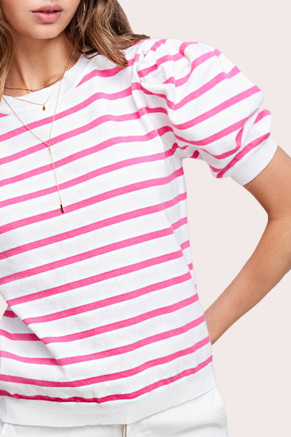 Shirts Women’s Lightweight Puff Short Sleeve Stripe Knit Top JCS3562