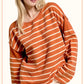 MCS3588-Striped Round Neck Loose Fit Long Sleeve Sweater