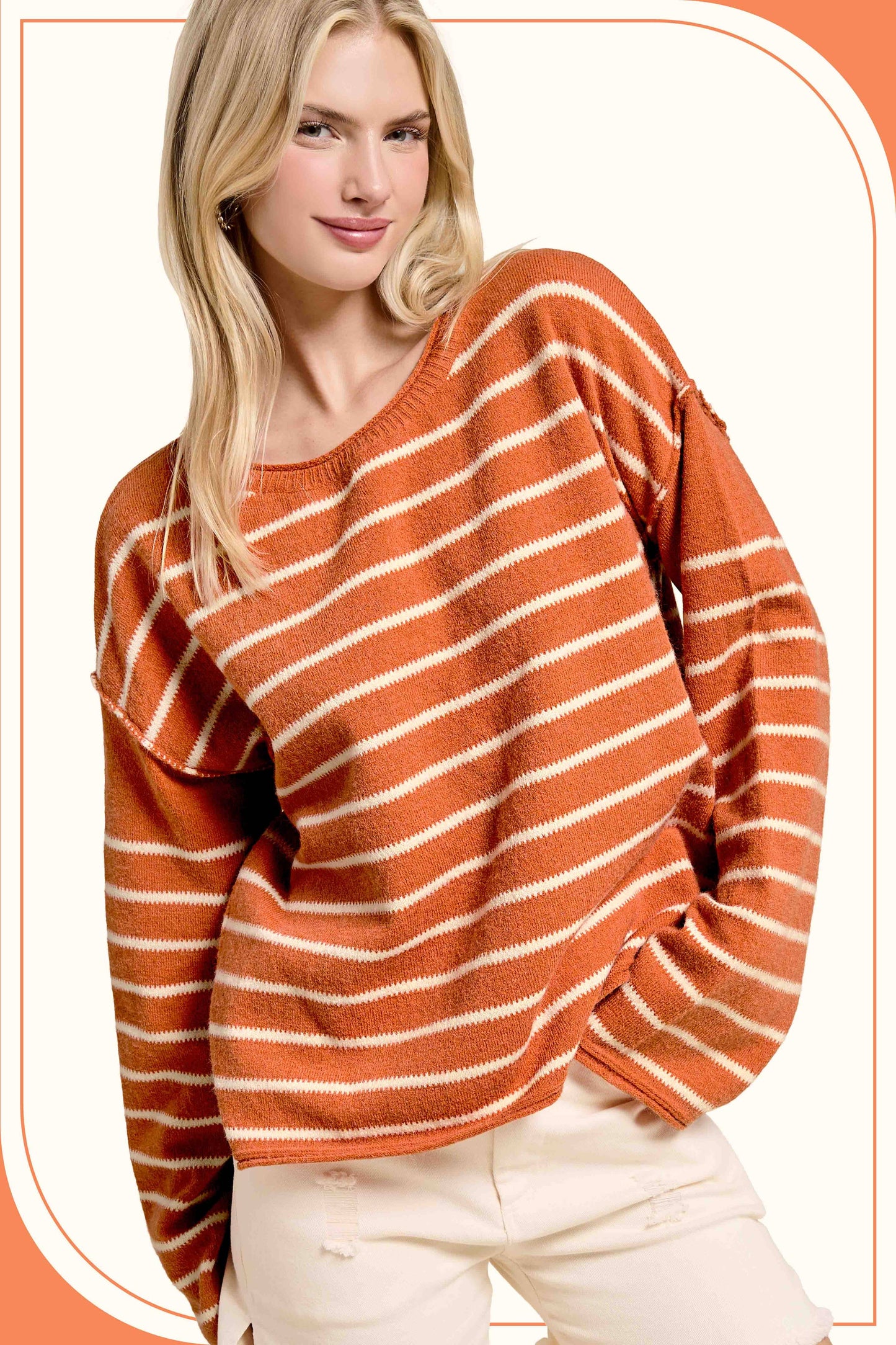MCS3588-Striped Round Neck Loose Fit Long Sleeve Sweater