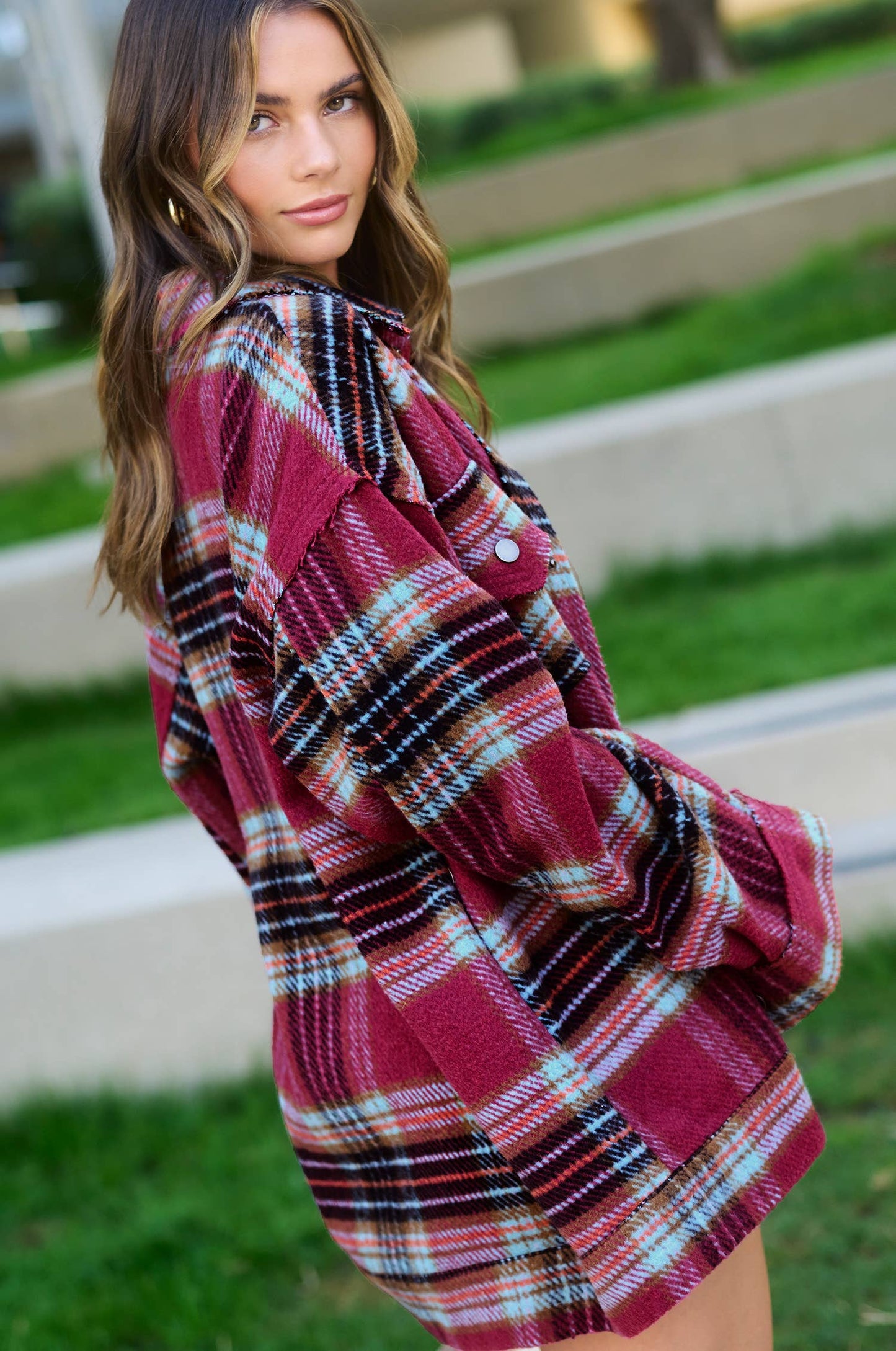 Outerwear Loose Fit Plaid Button Down Shacket with  Pockets JKT1797
