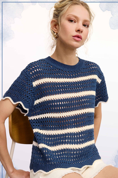 Outerwear Round Neck Scalloped Edge Short Sleeve Sweater MDS3603
