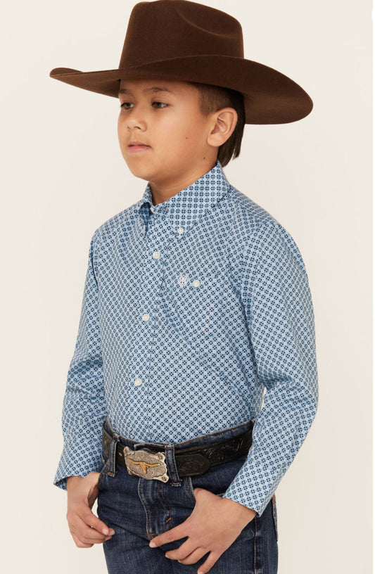 Shirts Boys Wrangler Long Sleeve Button Up  Light Blue Geo Print 112356521