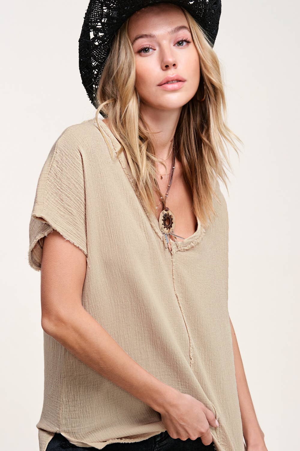 Loose Fit Gauze Fabric Short Sleeve Top HBT7624
