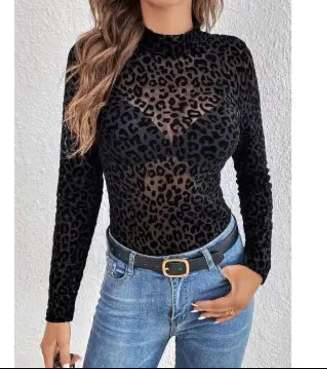Shirts Women’s Semi Sheer Mesh Floral Lace, Black leopard RCJY02