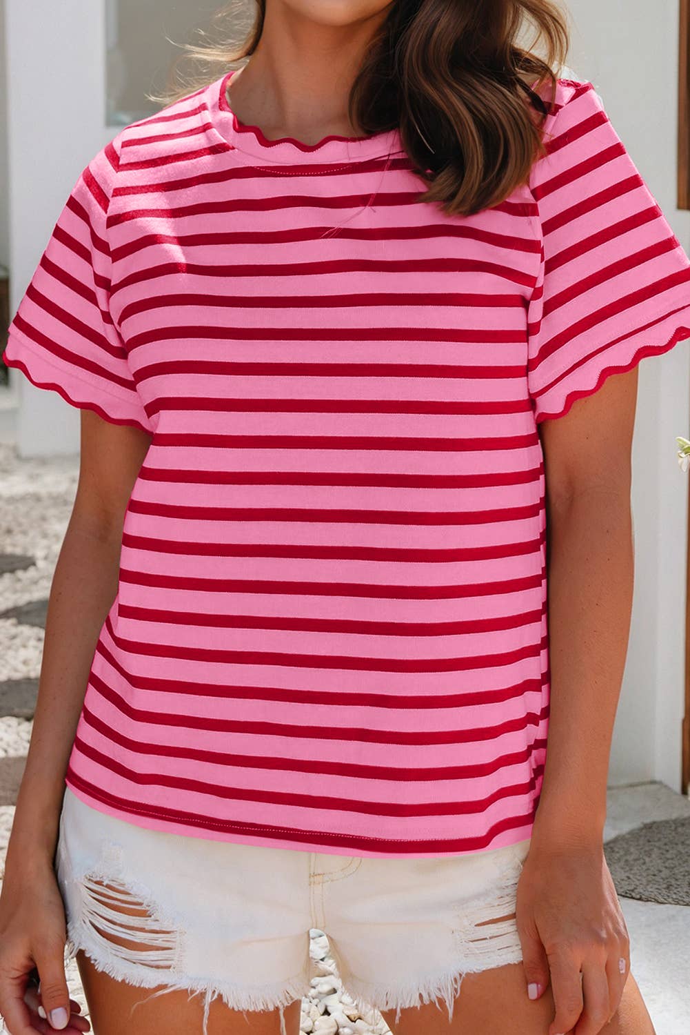 Shirts Women’s LDC Spring Scalloped Trim Round Neck Stripe T Shirt P219 P319