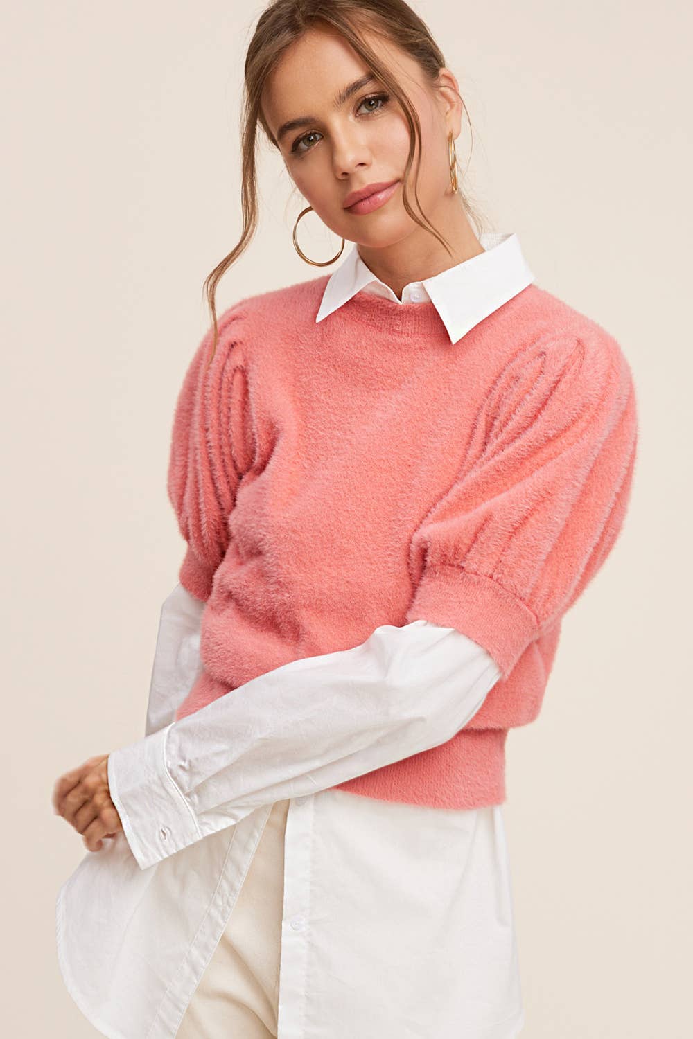 Soft Mohair Puff Short Sleeve Knit Top JCS3554