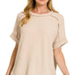 8451 Textured Line Short Cuff Sleeve Raw Edge Top
