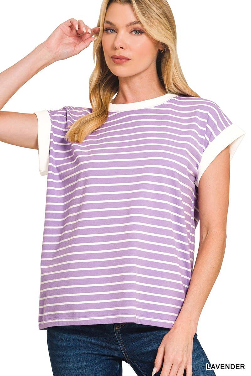 3534 Contrast Trim Cap Sleeve Stripe Tee CT-3543Y