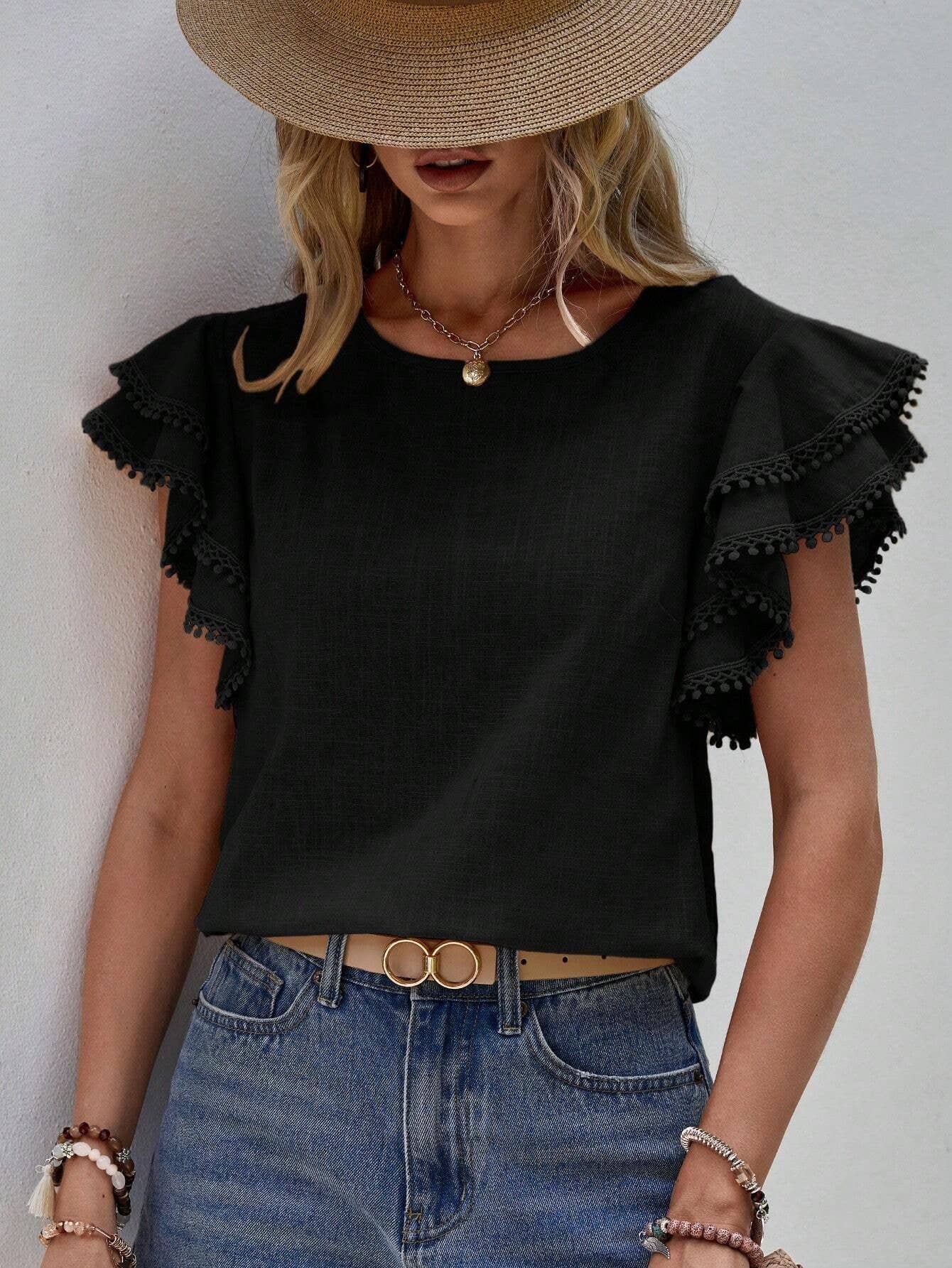 Shirts Women’s Crewneck Loose Lace Ruffle Sleeve RCXL00715
