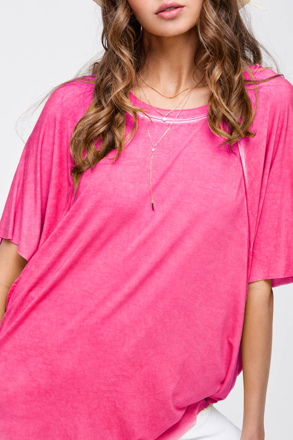 HBT7653 Dyed Fabric Round Neck Batwing Short Sleeve Women’s Shirts
