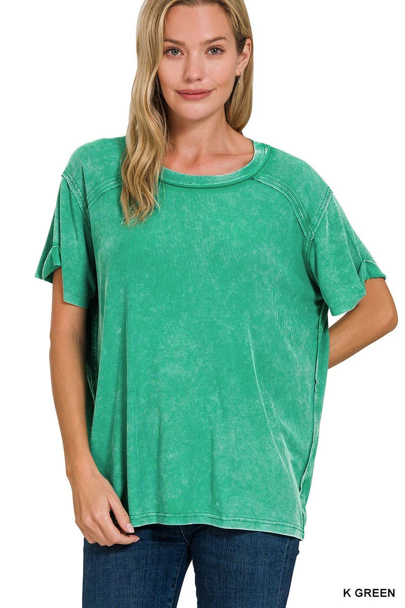 Washed Ribbed Short Sleeve Boat-neck Top 8393a