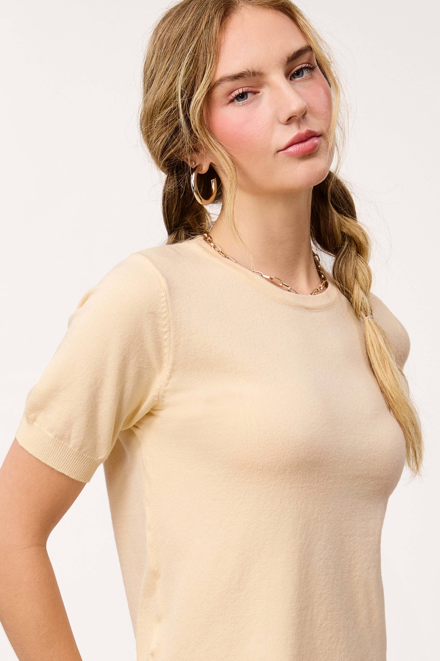 Soft Short Puffy Sleeve Basic Stretchy Knit Top MCS3600