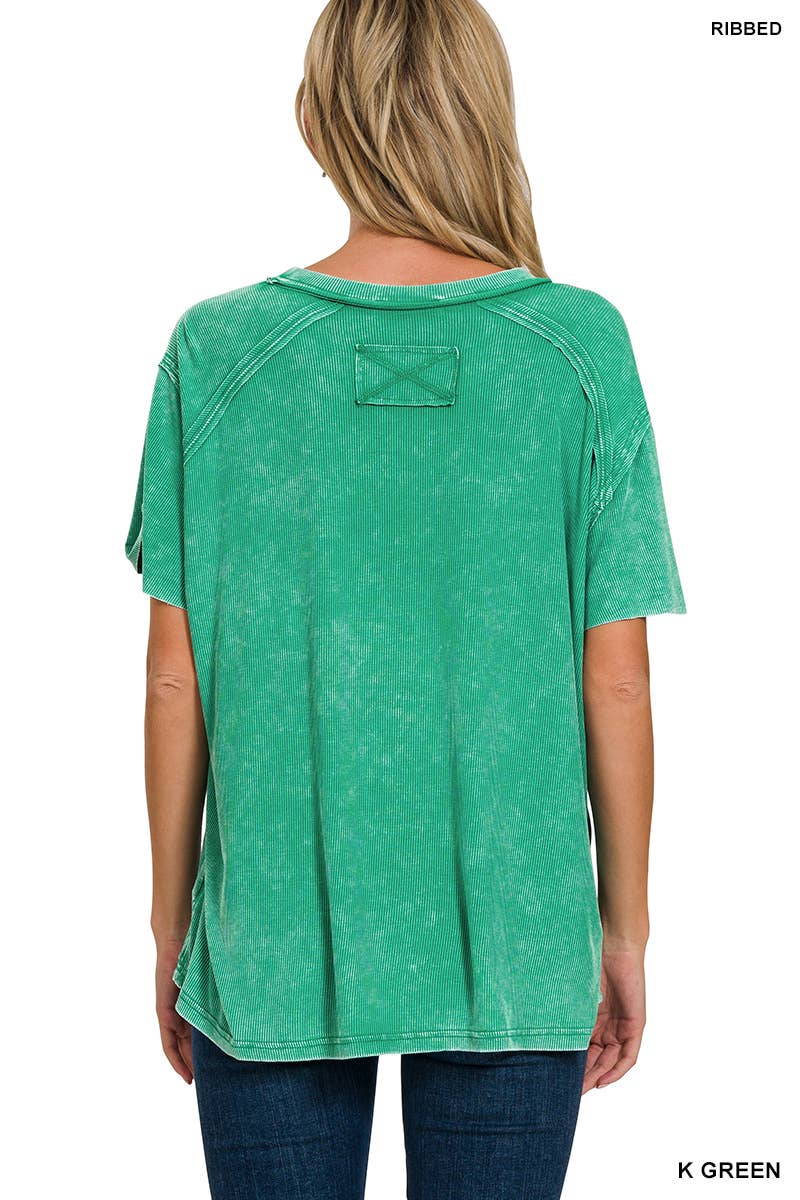 Washed Ribbed Short Sleeve Boat-neck Top 8393a