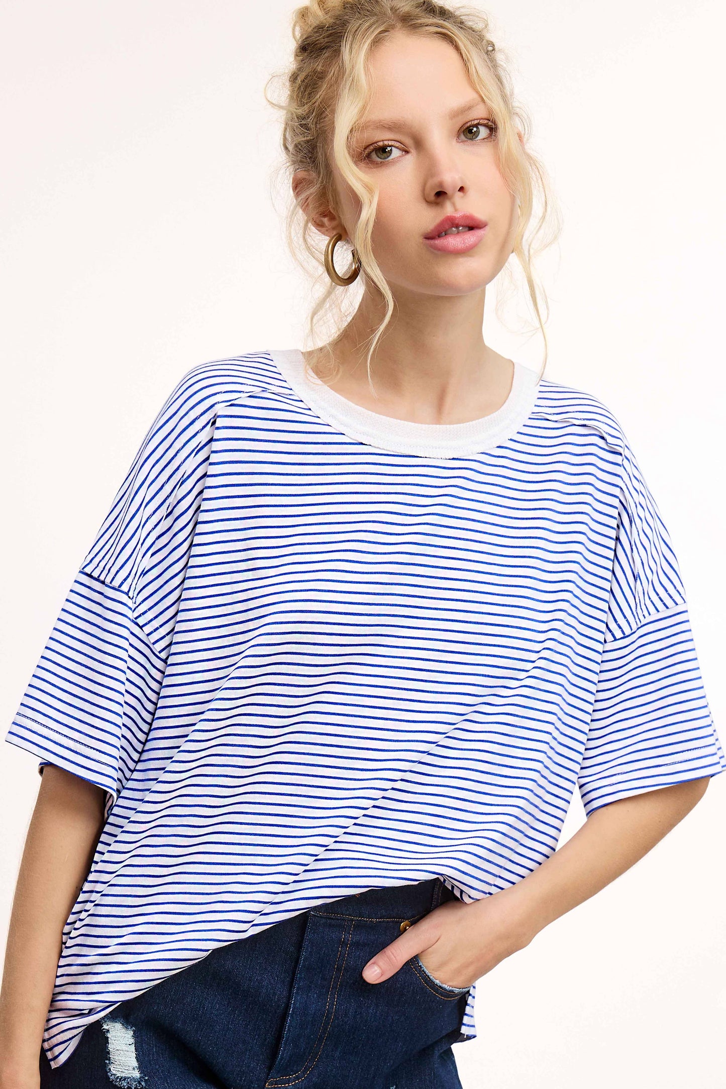 Shirts Women’s Striped Drop Shoulder Short Sleeves HDT7703