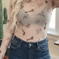 Shirts Women’s Floral Western Mesh Mock Neck Sheer Slim Fit Blouse P1015
