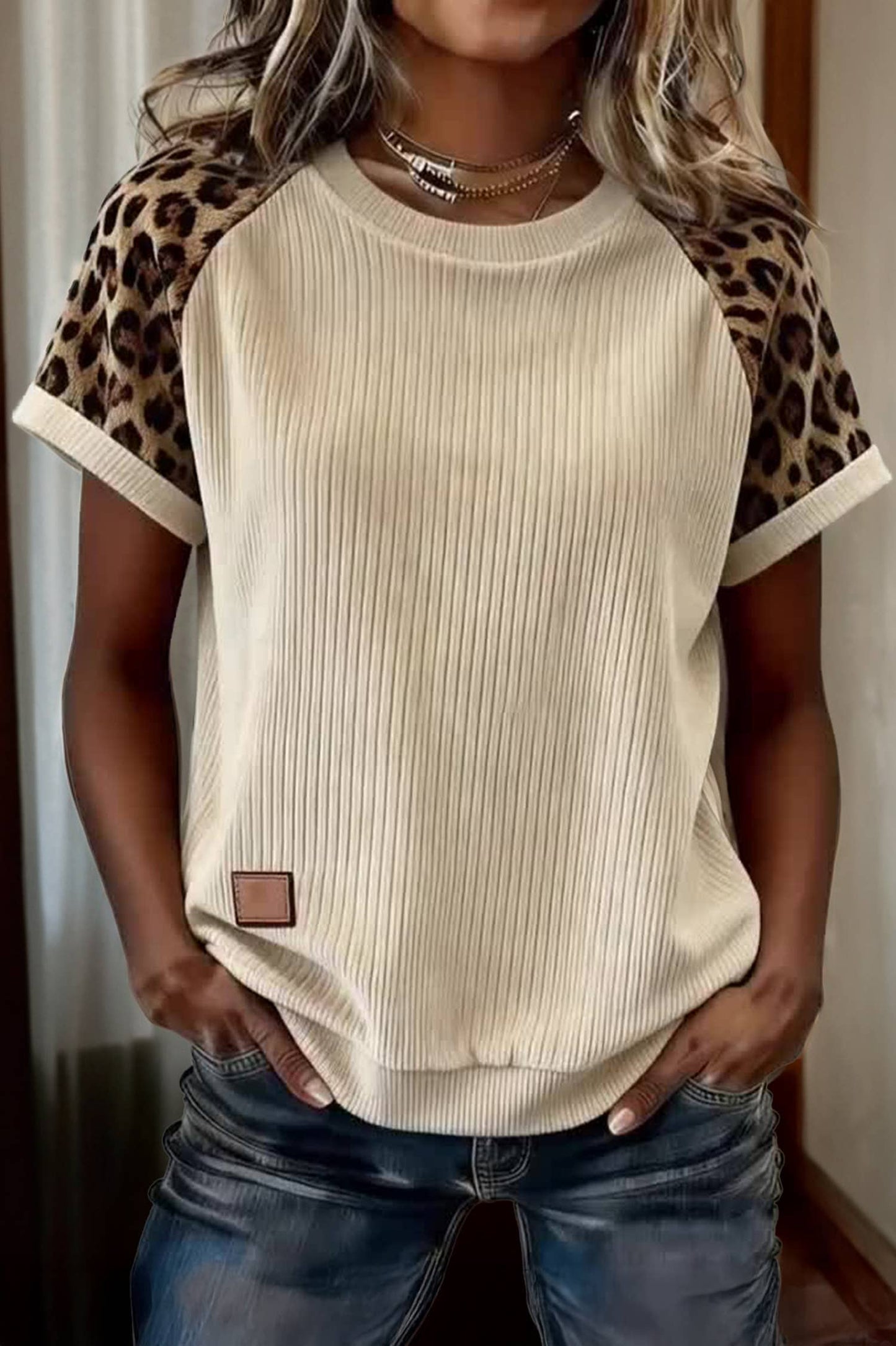 Shirts Women’s Ribbed Color Block Leopard Contrast Sleeve Loose Tee 252314