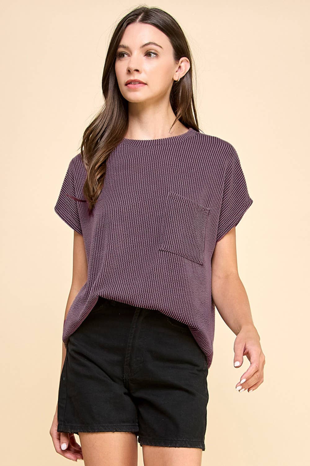 T1641 Solid Ribbed Top With Pockets L1E-T1641