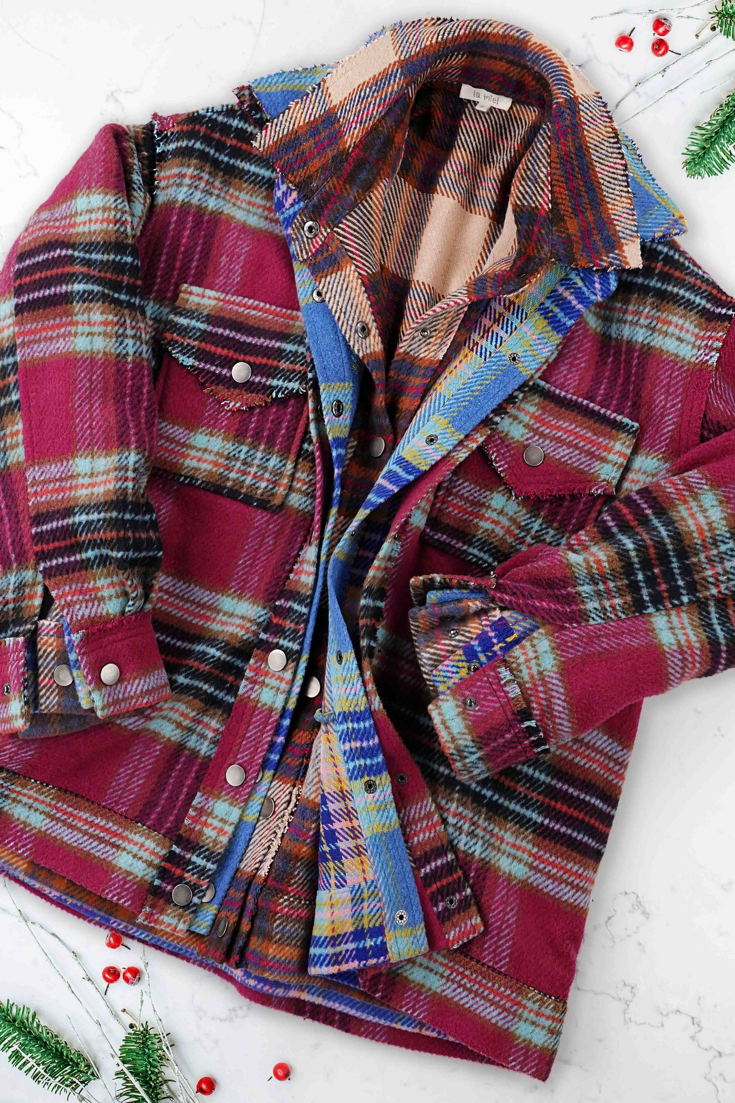 Outerwear Loose Fit Plaid Button Down Shacket with  Pockets JKT1797