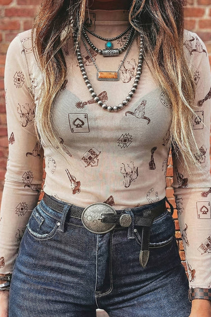 Shirts Women’s Floral Western Mesh Mock Neck Sheer Slim Fit Blouse P1015