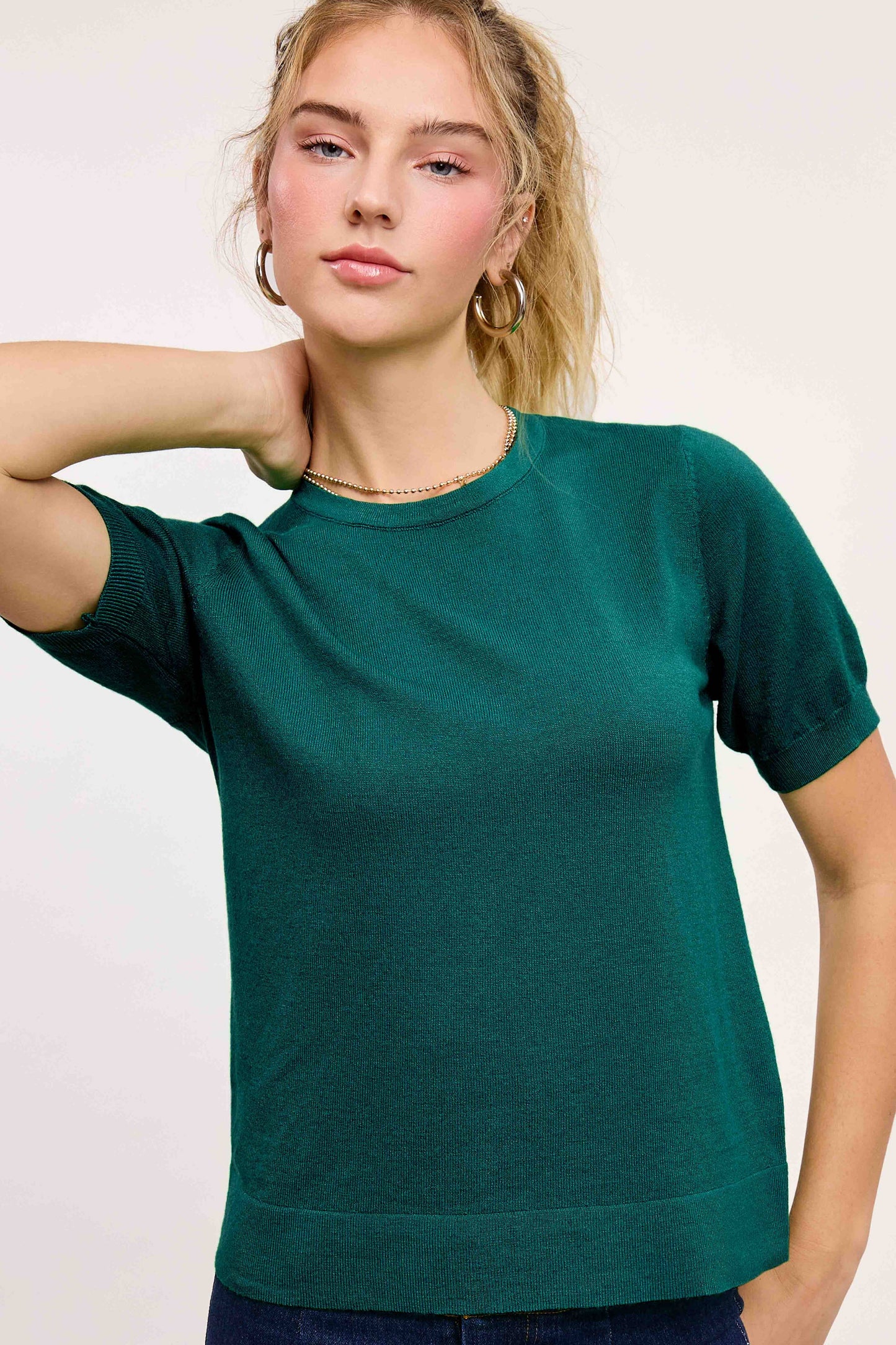 Soft Short Puffy Sleeve Basic Stretchy Knit Top MCS3600