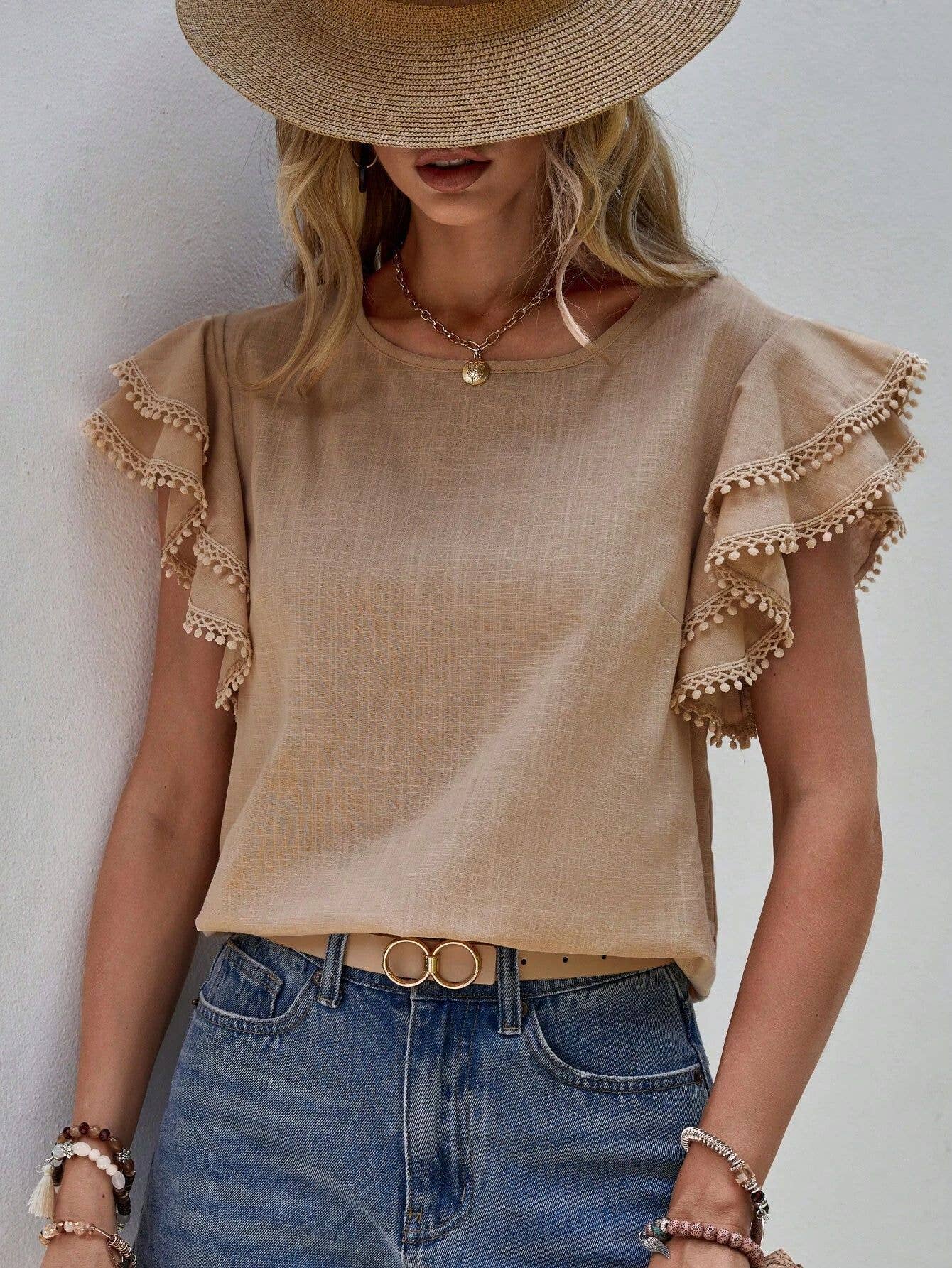 Shirts Women’s Crewneck Loose Lace Ruffle Sleeve RCXL00715