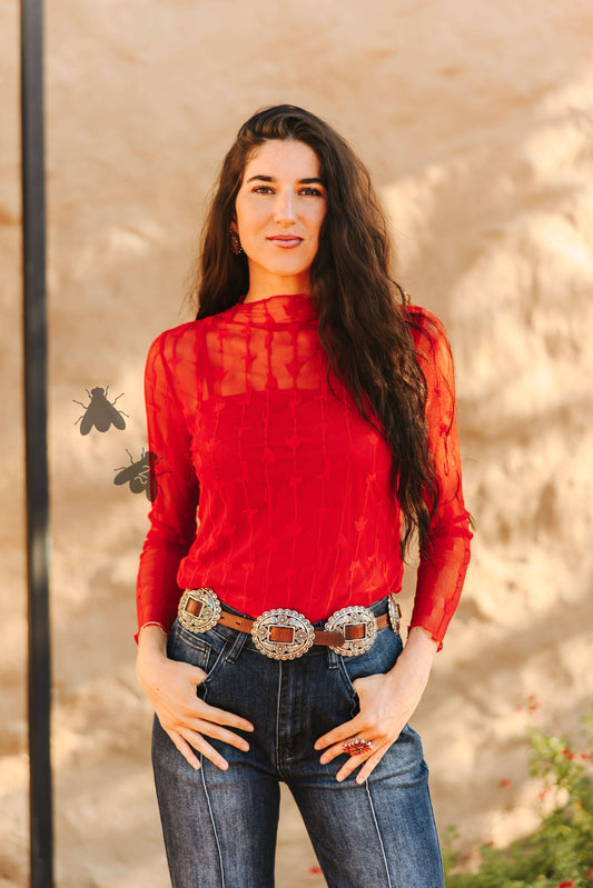 LARIAT Women’s LACE L/S *RED Mesh Top