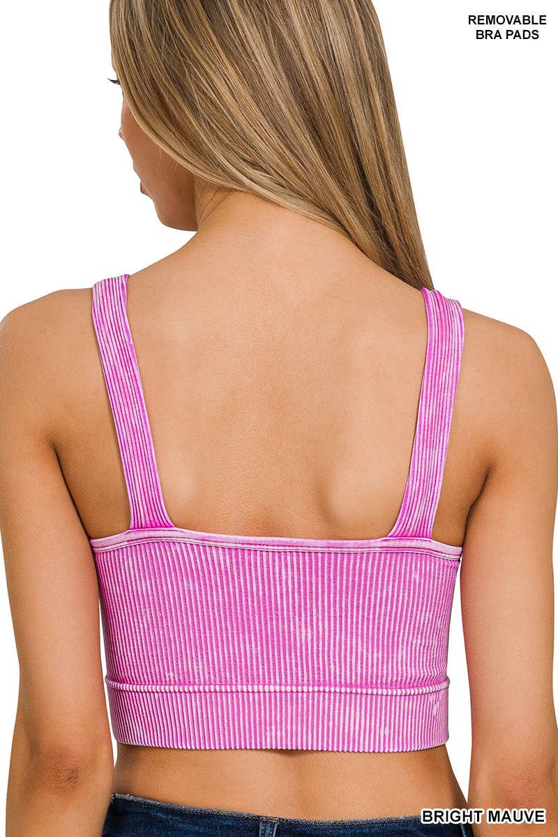 Stone Washed Ribbed Bra Padded V-neck Tank Top