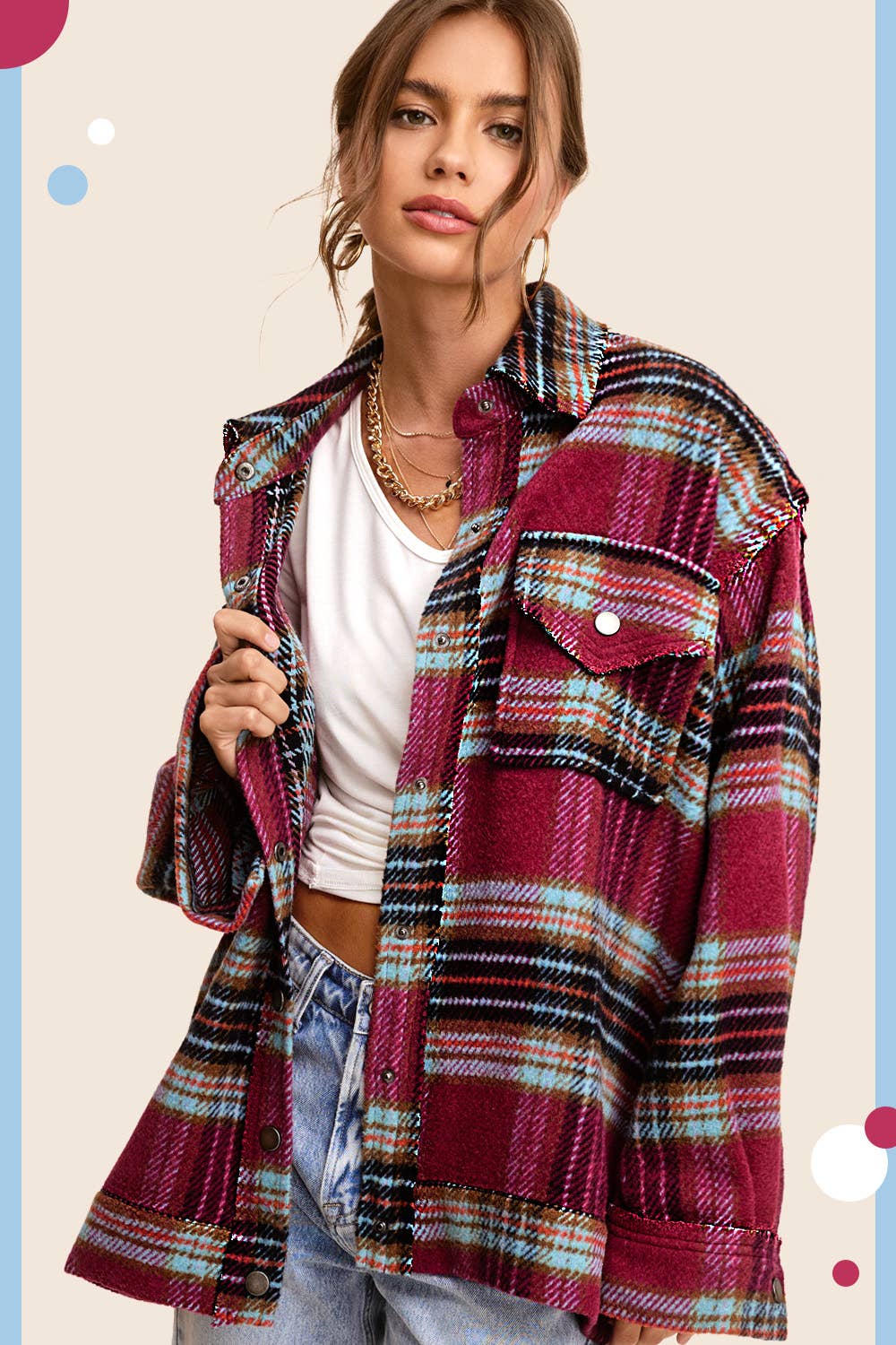 Outerwear Loose Fit Plaid Button Down Shacket with  Pockets JKT1797