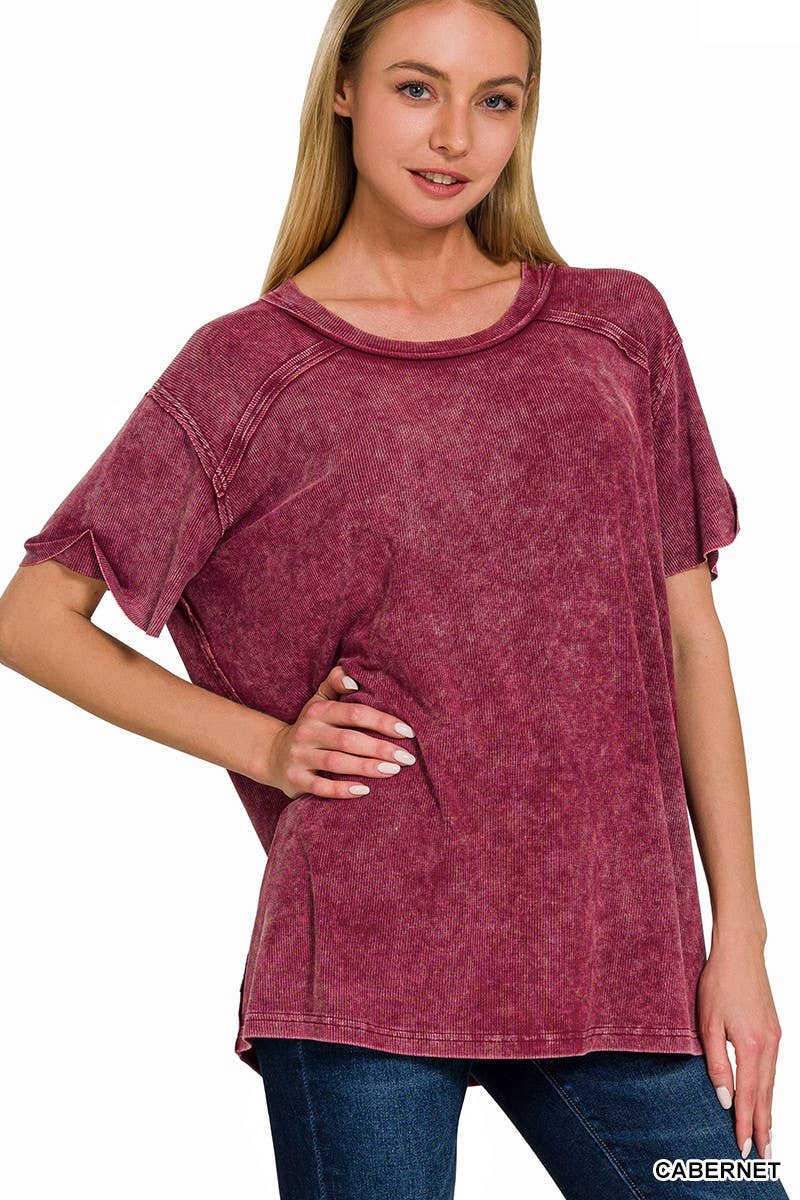 Washed Ribbed Short Sleeve Boat-neck Top 8393a