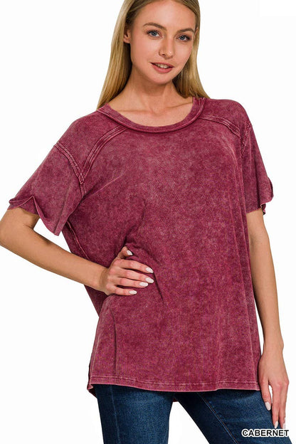 8393A Washed Ribbed Short Sleeve Boat-neck Top