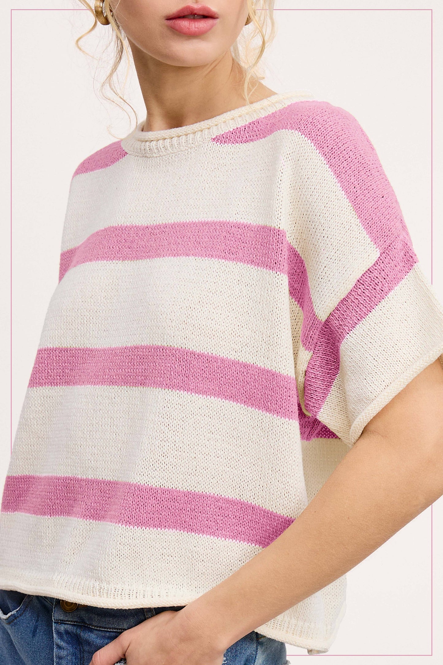 MCS3579-Boxy Silhouette Stripe Lightweight Sweater Top Outerwear Women’s