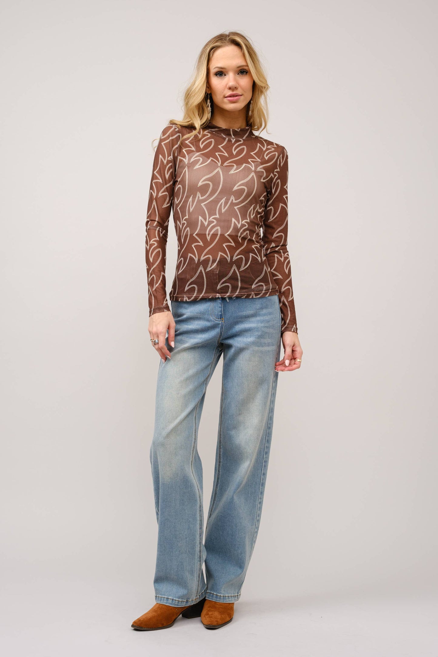 Shirts Women’s  Boots Stitch Throughout Mesh Mock Neck Fitted Top 36349T