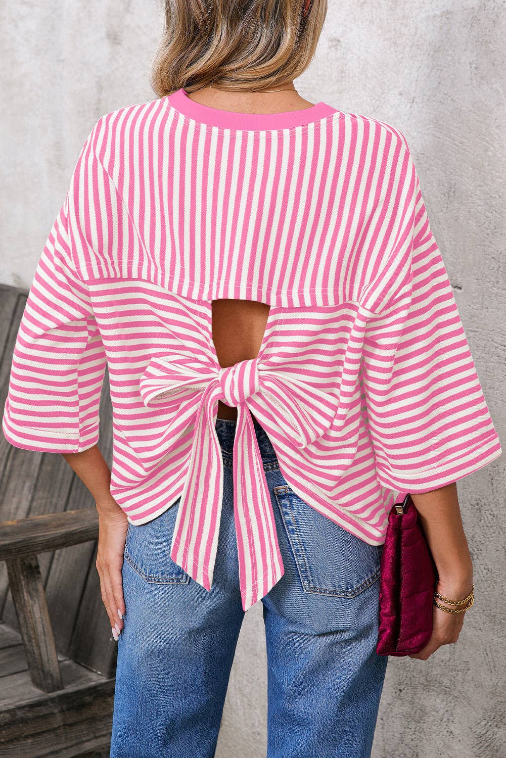 TO1843 Striped Back Tie Bow Knit Top