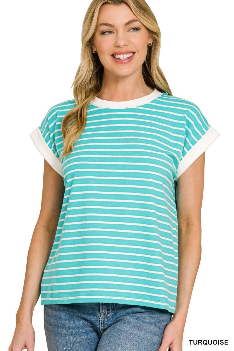 3534 Contrast Trim Cap Sleeve Stripe Tee CT-3543Y
