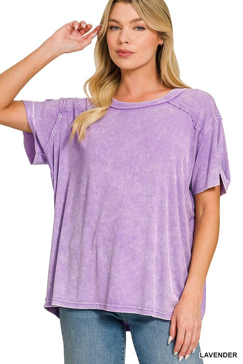 8393A Washed Ribbed Short Sleeve Boat-neck Top