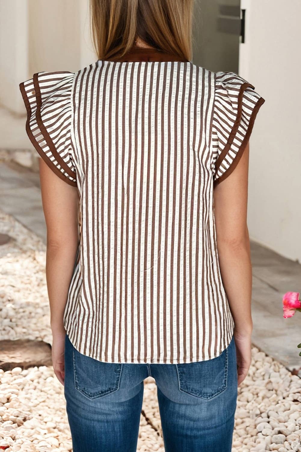 LDC Double Ruffled Short Sleeve Contrast Trim V Neck Blouse P1619