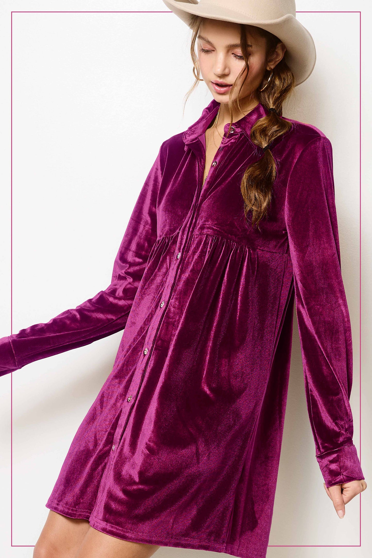 HCD9315-Soft Velvety Button Down Collar Dress