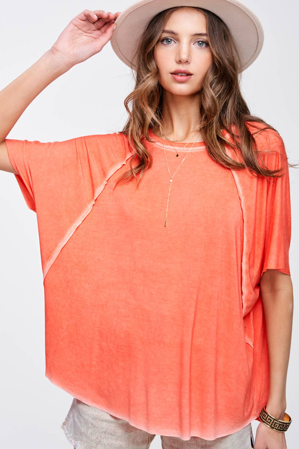 HBT7653 Dyed Fabric Round Neck Batwing Short Sleeve Women’s Shirts