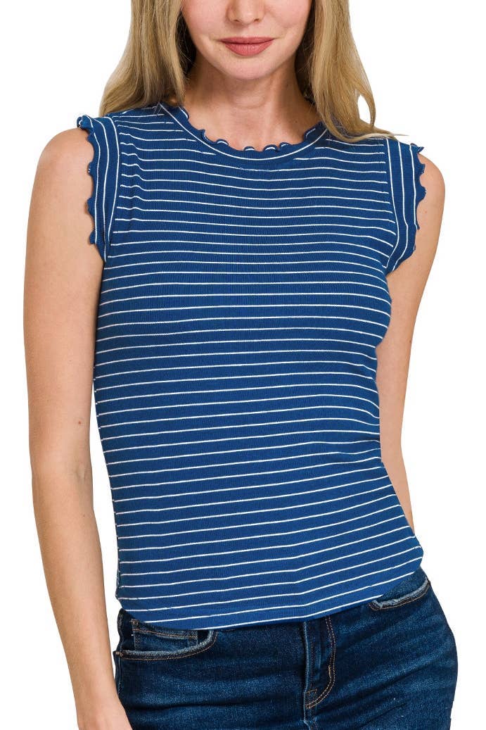 Shirts Girls / Women’s Ribbed Ruffle Trim Sleeveless Stripe Top 8529Y (similar style is Hct7692)