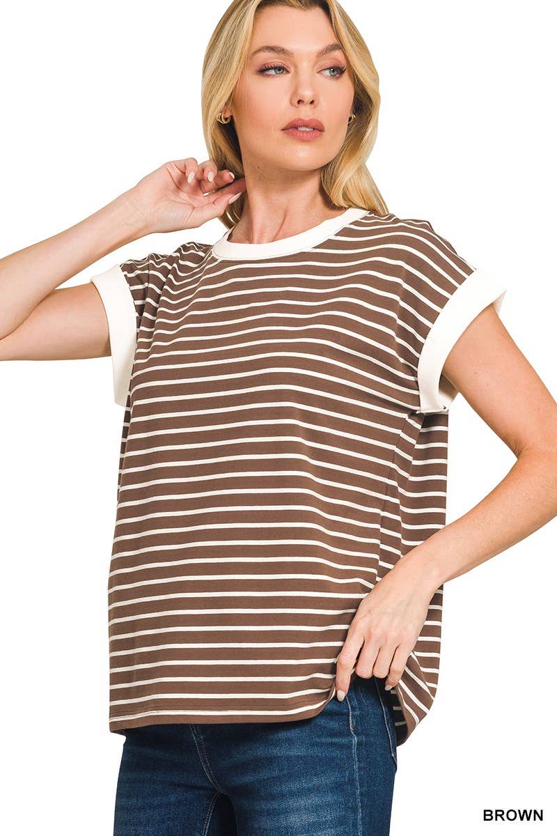 3534 Contrast Trim Cap Sleeve Stripe Tee CT-3543Y