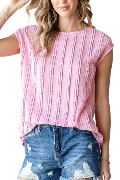 5948 Solid Textured Cap Sleeve Pullover Blouse 11D-T5948
