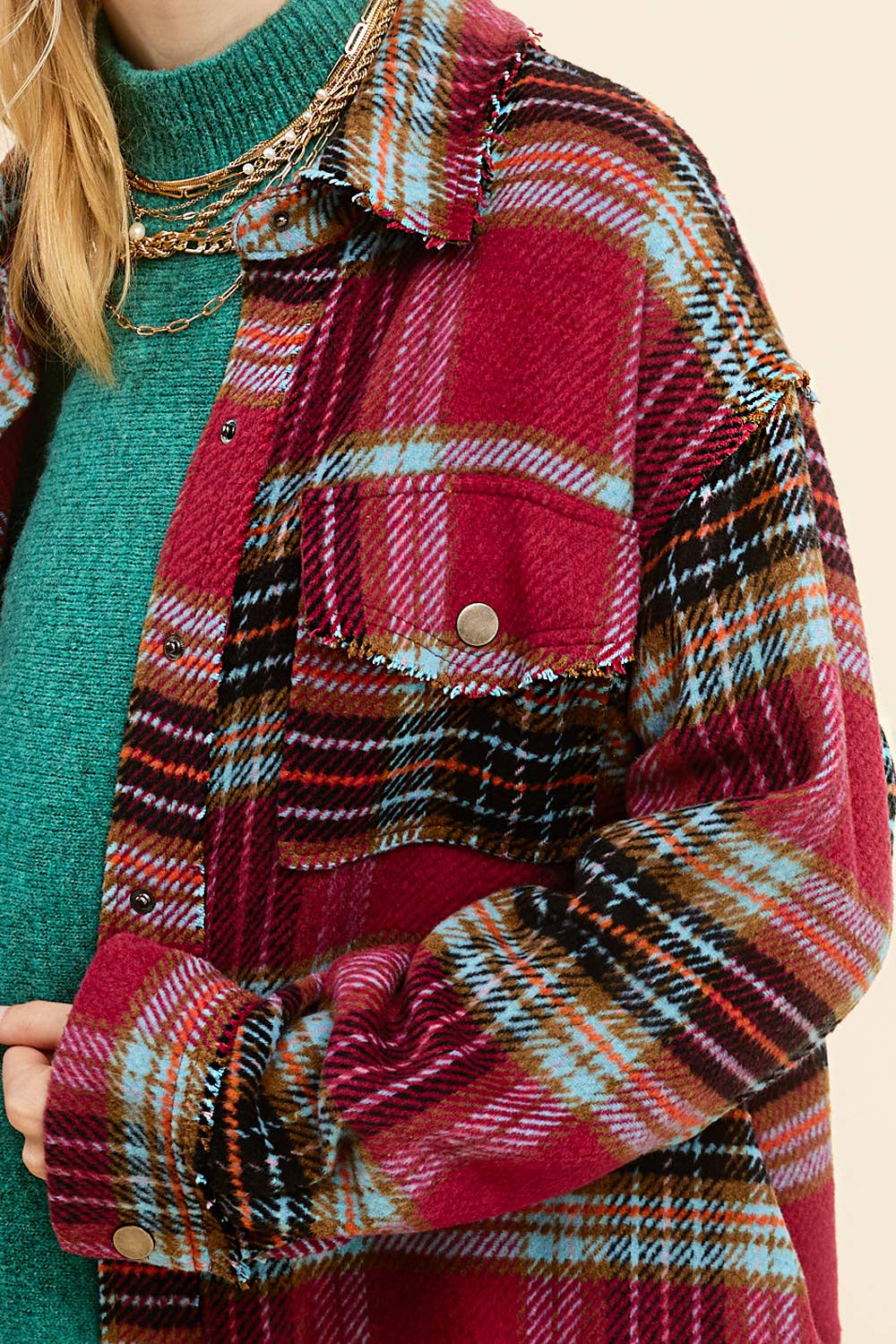 Outerwear Loose Fit Plaid Button Down Shacket with  Pockets JKT1797