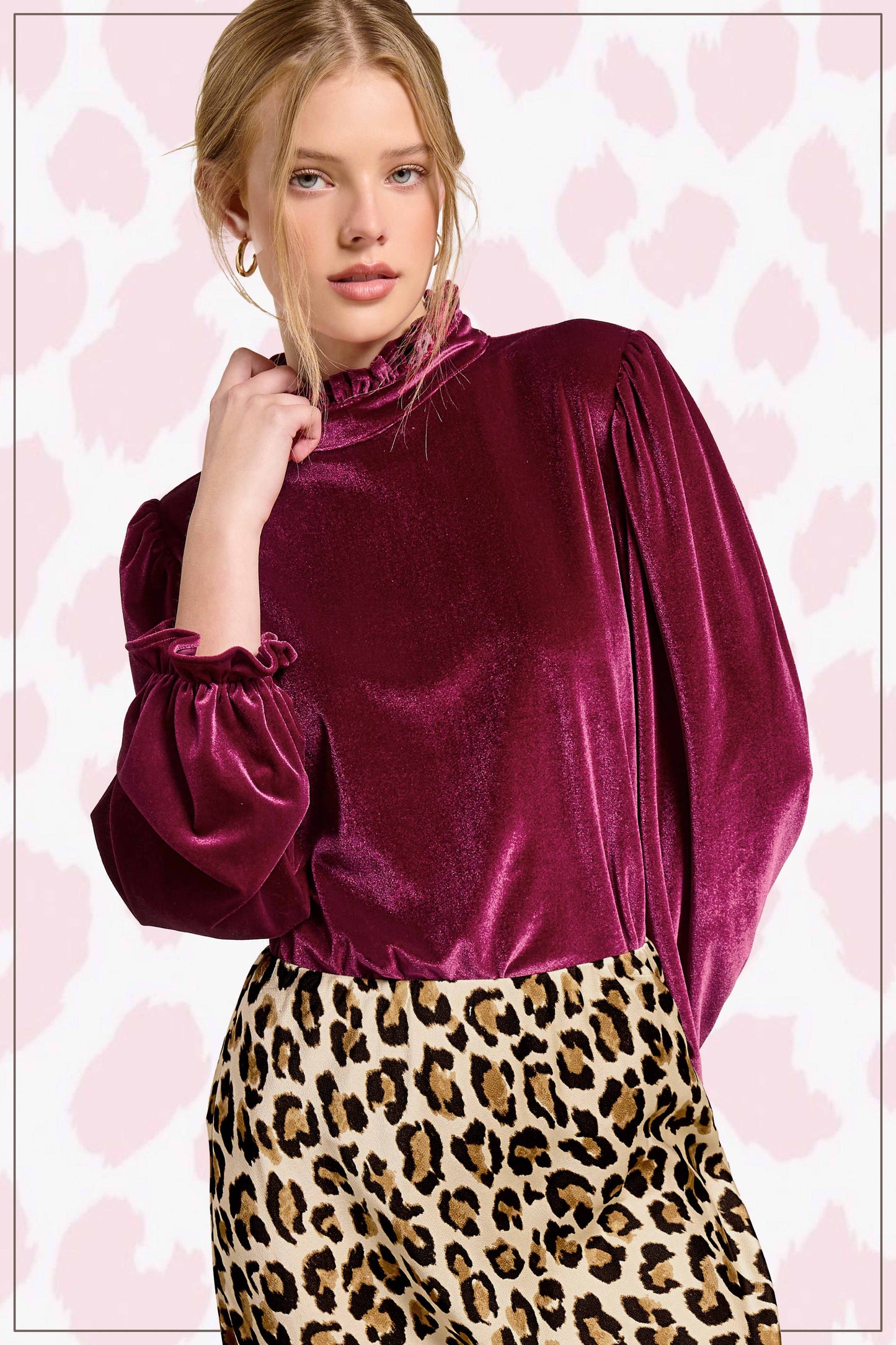 HCT7698-Soft Velvet Long Puff Sleeve Blouse Top shirt womens
