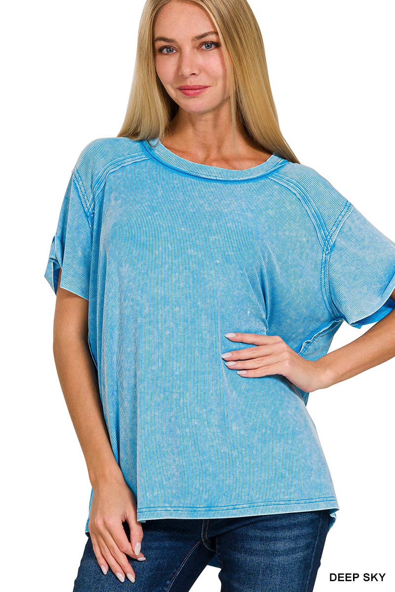 Washed Ribbed Short Sleeve Boat-neck Top 8393a