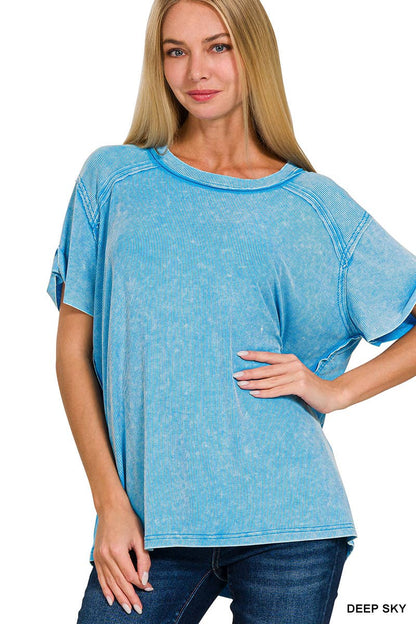 Washed Ribbed Short Sleeve Boat-neck Top 8393a